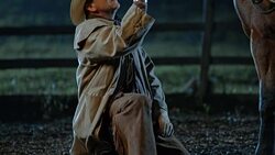 SLO MO TU Rancher kneeling in front of his horse Stock Footage