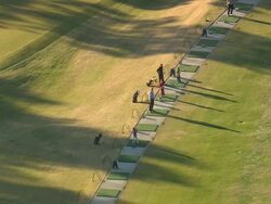 MS AERIAL View of players practicing at pinehurst golf course / North Carolina, United States Stock Footage