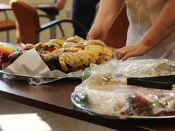 Catering service, breakfast tray for business meeting Stock Footage