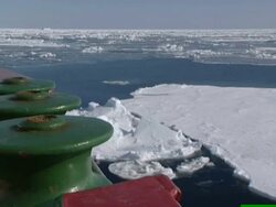 RRS Ernest Shackleton moving through pack ice in the Weddell Sea, at the Brunt Ice Shelf, Antarctica (NTSC PAL 4x3 Anamorphic; H264 MPEG4 16x9 Square) Audio available on masters. Stock Footage