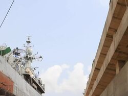 Warship repaired in dock Stock Footage