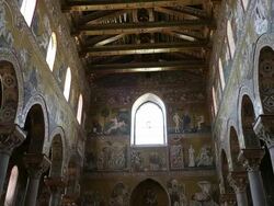 Monreale Cathedral, interior, the decorated ceiling with the mosaics , Palermo, Sicily. Stock Footage
