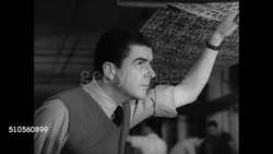 1947: FASHION ACCESSORIES: CU Vogue article 'What to wear w/ what.' INT MS Textile designer Brooke Cadwallader (unconfirmed) in printing factory. MS Examining prints. MS Silk screening patterned prints. INT VS Women in salesroom looking at scarves. NY Instructional Video