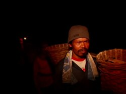 MS Men walking to the sulfur mining at night / Ijen, Java, Indonesia Stock Footage
