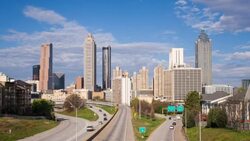 Elevated view over Freedom Parkway and the Downtown Atlanta skyline, Georgia, United States of America Stock Footage