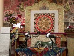MS Decorated empty seat with microphones set up for press conference AUDIO / Dharamsala, Himachal Pradesh, India Stock Footage