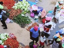 WS HA SLO MO Shot over African market street vendors selling fresh vegetables and fruits / Santiago, Cape Verde Stock Footage