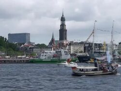 MS Shot of ships on river Elbe at Landungsbrucken at harbour birthday / Hamburg, Germany Stock Footage