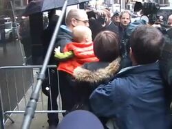 YouTube sensations Sam and Ren McEntee depart 'Good Morning America' with their dad in New York 03/31/11 (Footage by WireImage Video/GettyImages) Stock Footage