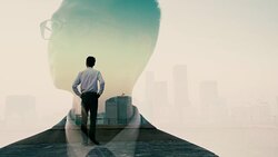 Multiple Exposure of businessman looking city Stock Footage