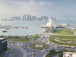 WS POV T/L View  Museum of Islamic Art and Dhow harbour   / Doha, Qatar Stock Footage