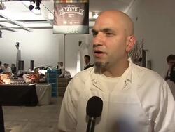 INTERVIEW: Michael Psilakis of Kefi shares what his guilty pleasure snack is at the New York Taste A World Of Flavors Presented By HSBC Premier at New York NY Stock Footage