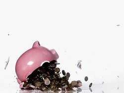 MS SLO MO Piggy bank falling and exploding with Euro coins against white background / Vieux Pont, Normandy, France Stock Footage
