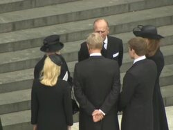Queen Elizabeth II, Mark Thatcher, Carol Thatcher and Amanda Thatcher at Baroness Thatcher Funeral - St Paul's Cathedral High at St Paul's Cathedral on April 17, 2013 in London, England Stock Footage