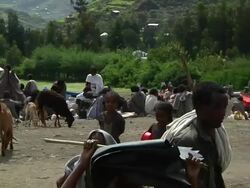 Stalls and people at fair Stock Footage