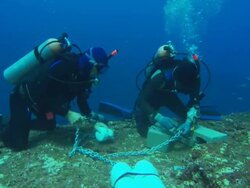 Scientist divers, rigging acoustic receiver on sea bed, Mexico  Stock Footage