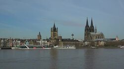Rhine River, Old Town with Cathedral, Gross St. Martin's Church and Rhine River, Cologne, North Rhine-Westphalia, Germany Stock Footage