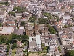 WS AERIAL Shot over village and harbor / Guernsey, Channel Isles Stock Footage