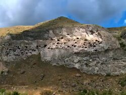 WS T/L View of Vardzia cave town complex / Georgia Stock Footage