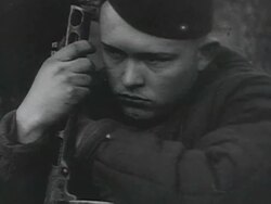 MS Woman milking cow, soldier resting, firecamp, woman mending sock AUDIO / Russia  Stock Footage