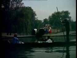 Punting home after the night before, Cambridge, England, UK 1960 Stock Footage