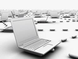 Camera spins around hero laptop connected to surrounding innumerous laptops Stock Footage