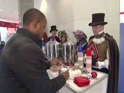 ATMOSPHERE: holiday coffee served at Jane Krakowski And Bank Of America Help New Yorkers Spread Holiday Cheer Stock Footage
