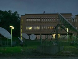 PAN View on small office building with satellite dishes / Pittsburgh, Pennsylvania, USA Stock Footage