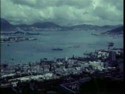 Pan across Hong Kong harbour from high angle, 1950 Stock Footage