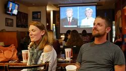 Trump is asked if he'll accept the results of the election. Debate viewers in Indiana react while watching on TV as Donald Trump and Hillary Clinton debate for the third and last time Stock Footage