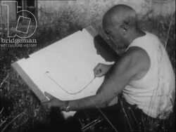 Picasso drawing and painting in Vallauris, children making pottery, c.1952 Stock Footage