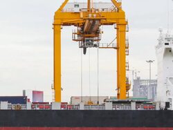 shipyard crane working with container goods trading time lapse Stock Footage