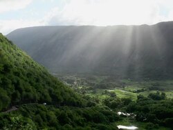 WS PAN View of Waipio valley near Maui Island / Waipio, Waipio valely, Hawaii, The Big Island, USA Stock Footage