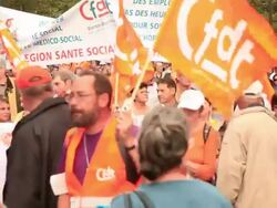 Demonstration in Paris. General strike in France 24 September 2010. Civil servants and private sector employees protesting government plans to raise the pension age from 60 to 62 years. Stock Footage