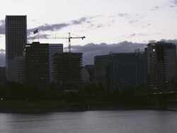 WS View of Hawthorne bridge into city of Portland at dusk / Portland, Oregon, United States  Stock Footage