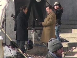 Ben Stiller & Ricky Gervais on location for the movie 'Night at the Museum 3' on the steps of the American Museum of Natural History Stock Footage