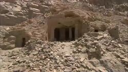 Rubble surrounds the ruinous entrances of emerald mines and excavation sites  in Sikait, Egypt. Stock Footage