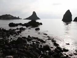 Isole Ciclopi (Aci Trezza), view of the Cyclopic  rocks Stock Footage