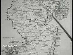 1953: MAP: Location of Levittown, Pennsylvania, New Jersey, New York.  Pointer moving from PA to NYC, Levittown to New York City '65 miles' Instructional Video