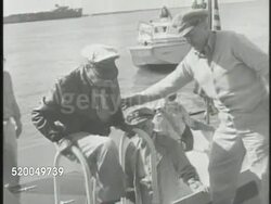 1950: KOREAN WAR: BATTLE OF INCHON: * BRIEF MS General Douglas MacArthur climbing up onto dock, greeting General of the United States Marine Corps Oliver Prince Smith (aka O.P. Smith, 1893-1977), shaking hands. Korea, 38th Parallel Instructional Video