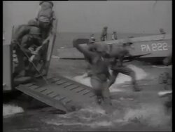 B/W US Marines running from boat to beach / Vietnam / SOUND Stock Footage