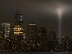 The 911 memorial lights light up the downtown skyline Stock Footage