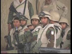 Various of Honduran troops at base Instructional Video