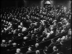 B/W 1945 high angle wide shot congressmen listen attentively to Roosevelt's last address to Congress / Capitol Bldg Stock Footage