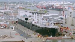 'MS PAN AERIAL View of shipyard / New York City, United States' Stock Footage