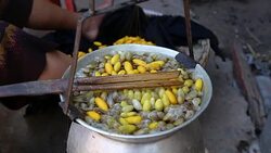 Steam rises from a kettle of silk cocoons while a woman stirs. Stock Footage