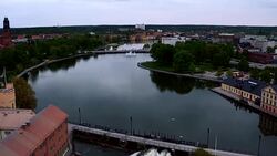 AERIAL: Eskilstuna city and the river EskilstunaÃ¥n Stock Footage