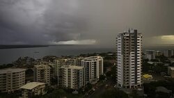 4K Darwin high-rise buildings, harbour and storm clouds, Top End, NT Stock Footage