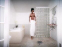 MS man walking across bathroom to stand on weighing scales Stock Footage