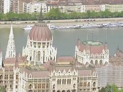 MS AERIAL TU ZO View of parliament / Budapest, Hungary Stock Footage